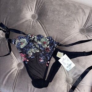 Floral Embroidered Black Thong
